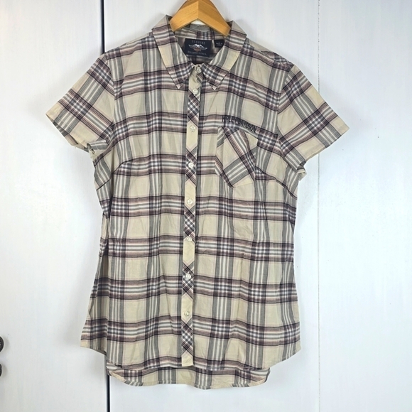 Harley Davidson Womens Winged logo Cream Black Plaid Biker Top Sz.L - Picture 2 of 10